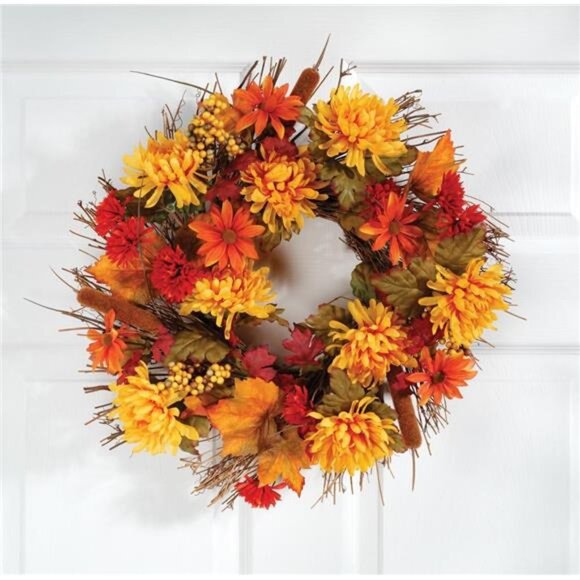 Fall Mum Wreath by OakRidge„¢, 18" Diameter, Silk Floral Autumn Home Decor - Picture 2 of 3